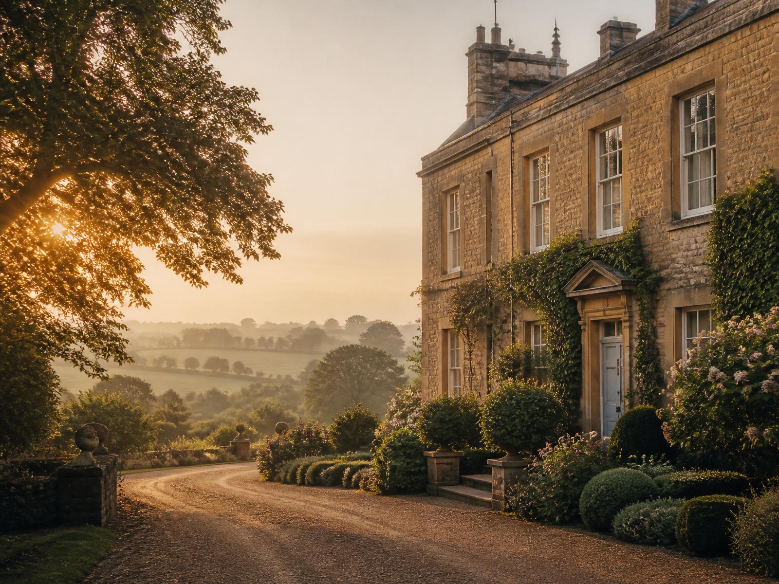 An English country house at golden hour, seen from a gravel drive with parkland beyond